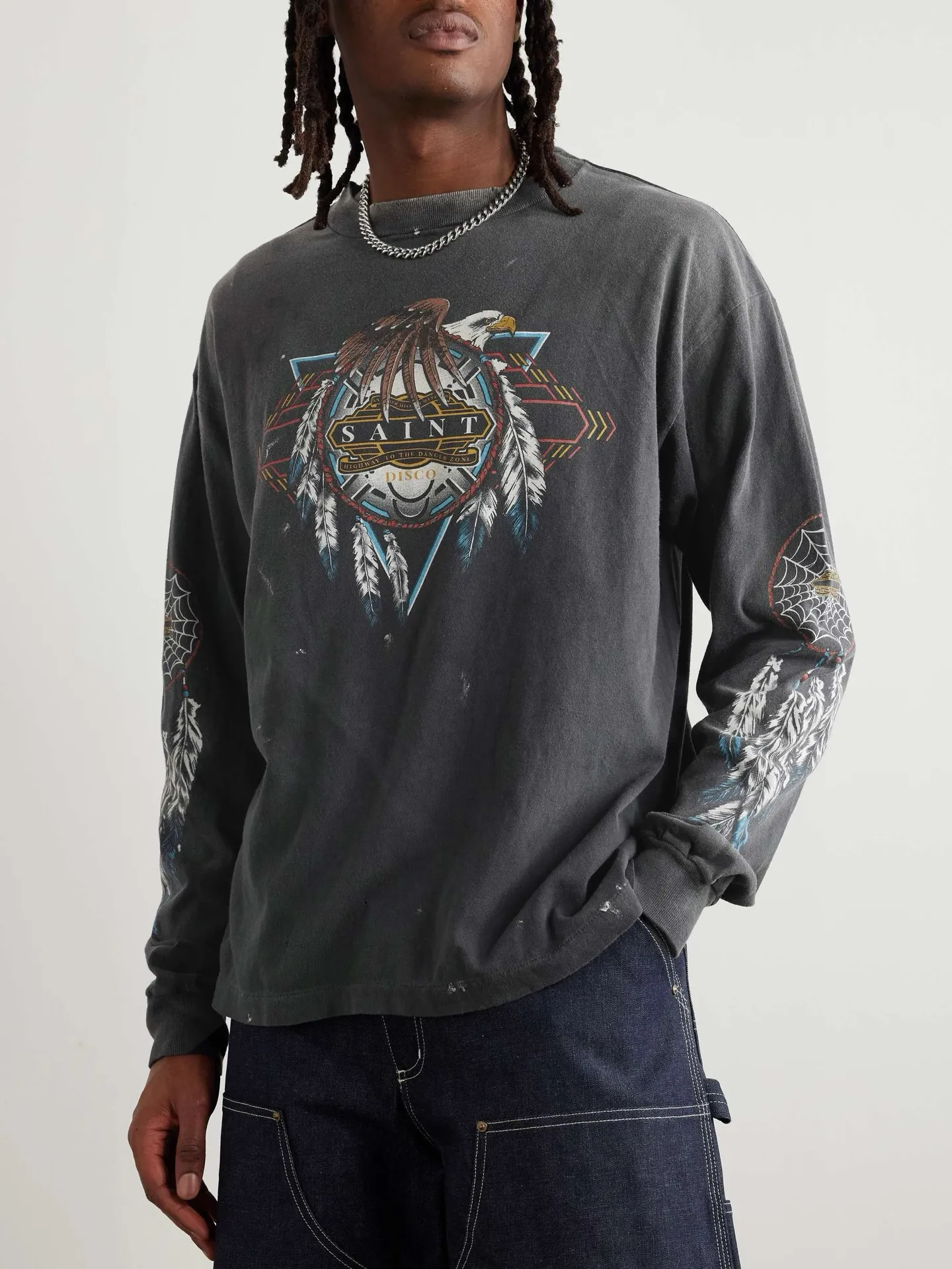 SAINT Mxxxxxx x TEFLON DISCO SAINT DISCO ML_LS TEE/BLK Eagle Feather Spider Web Distressed Long Sleeves, Washed Black S-XL, Ready-made Assute Dyeing, Water Spray Fading Treatment, Customized TEFLON DISCO co-branded accessories, Hand-splashed ink, Wormhole fraying treatment, Authentic level printing process